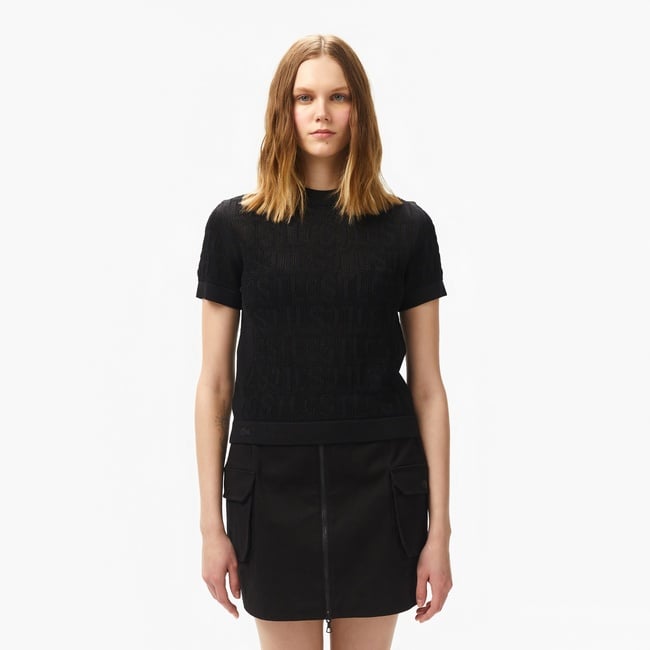  Lacoste Kadın Kısa Kollu Bisiklet Yaka Desenli Siyah Triko