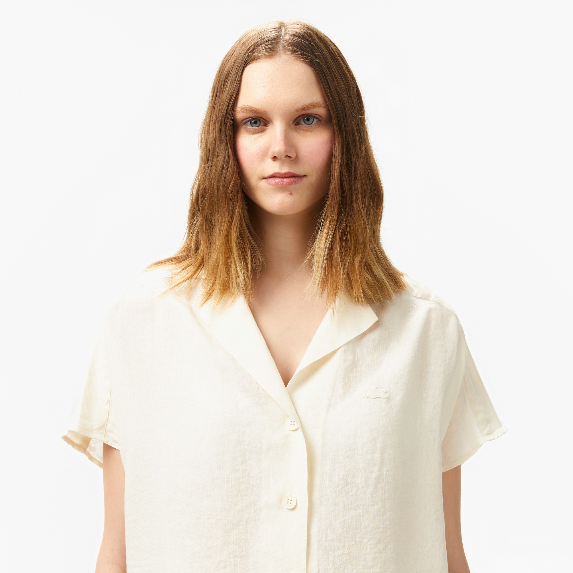 Lacoste Kadın Regular Fit Kısa Kollu Keten Beyaz Gömlek