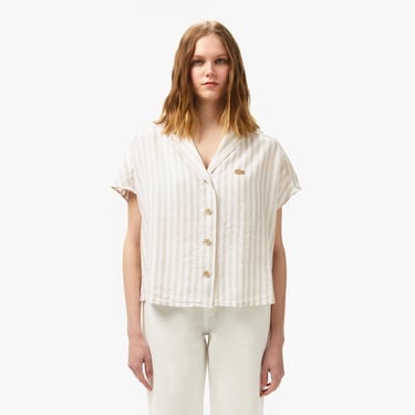  Kadın Regular Fit Kısa Kollu Çizgili Keten Bej Gömlek