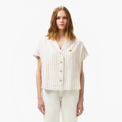  Kadın Regular Fit Kısa Kollu Çizgili Keten Bej Gömlek
