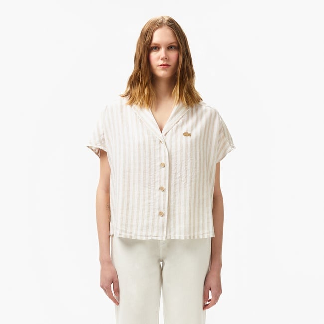  Kadın Regular Fit Kısa Kollu Çizgili Keten Bej Gömlek