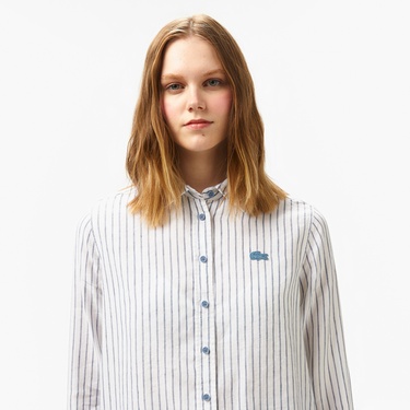  Lacoste Kadın Relaxed Fit Çizgili Keten Mavi Gömlek