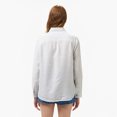  Lacoste Kadın Relaxed Fit Çizgili Keten Mavi Gömlek