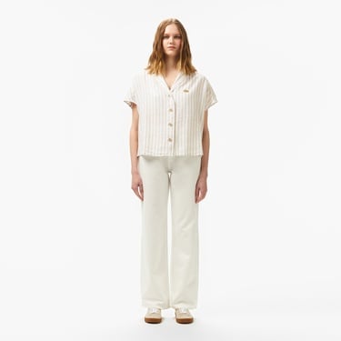  Kadın Regular Fit Kısa Kollu Çizgili Keten Bej Gömlek