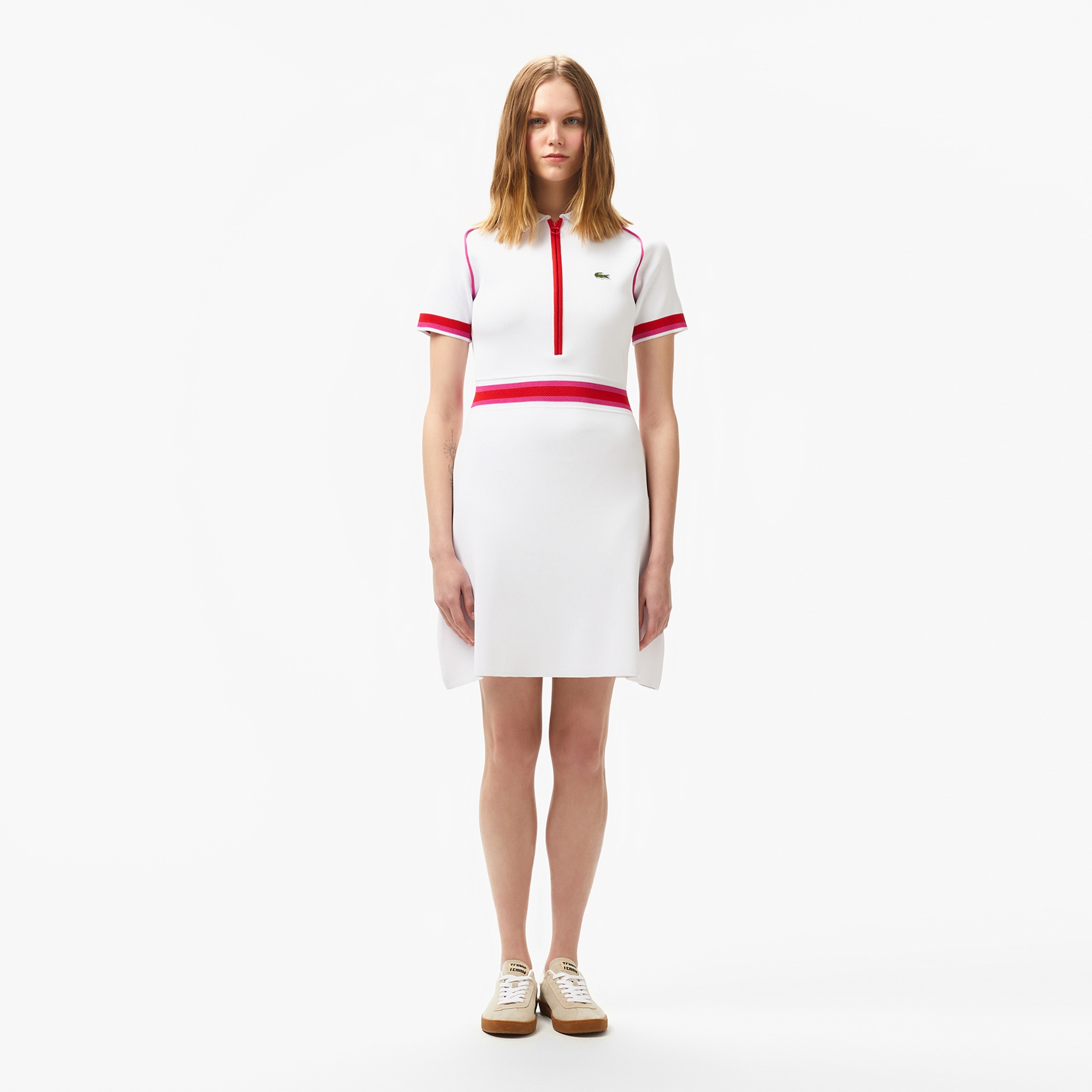 Lacoste Kadın Classic Fit Kısa Kollu Polo Yaka Renk Bloklu Beyaz Elbise