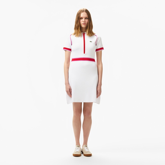  Lacoste Kadın Classic Fit Kısa Kollu Polo Yaka Renk Bloklu Beyaz Elbise