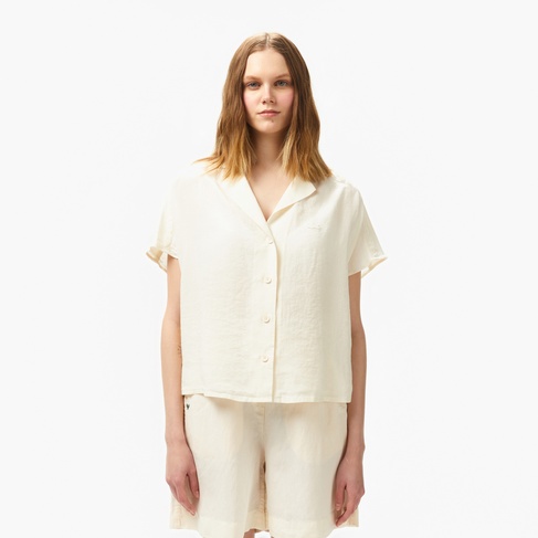 Lacoste Kadın Regular Fit Kısa Kollu Keten Beyaz Gömlek