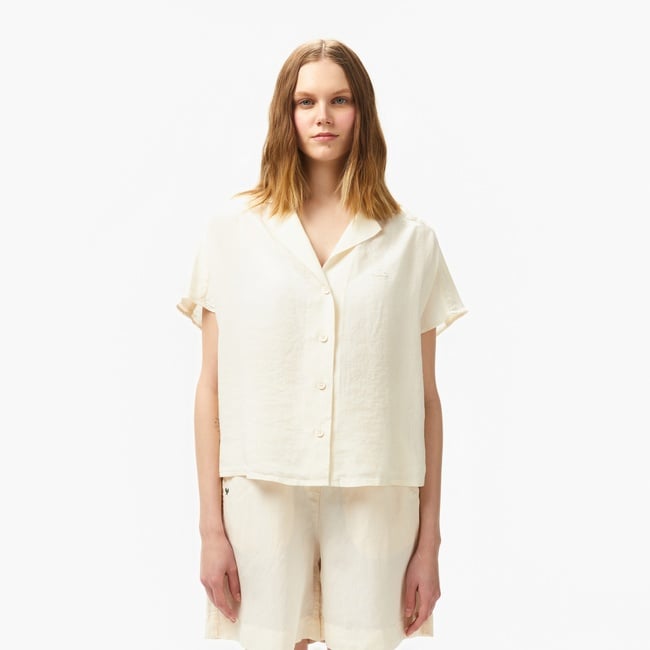  Lacoste Kadın Regular Fit Kısa Kollu Keten Beyaz Gömlek