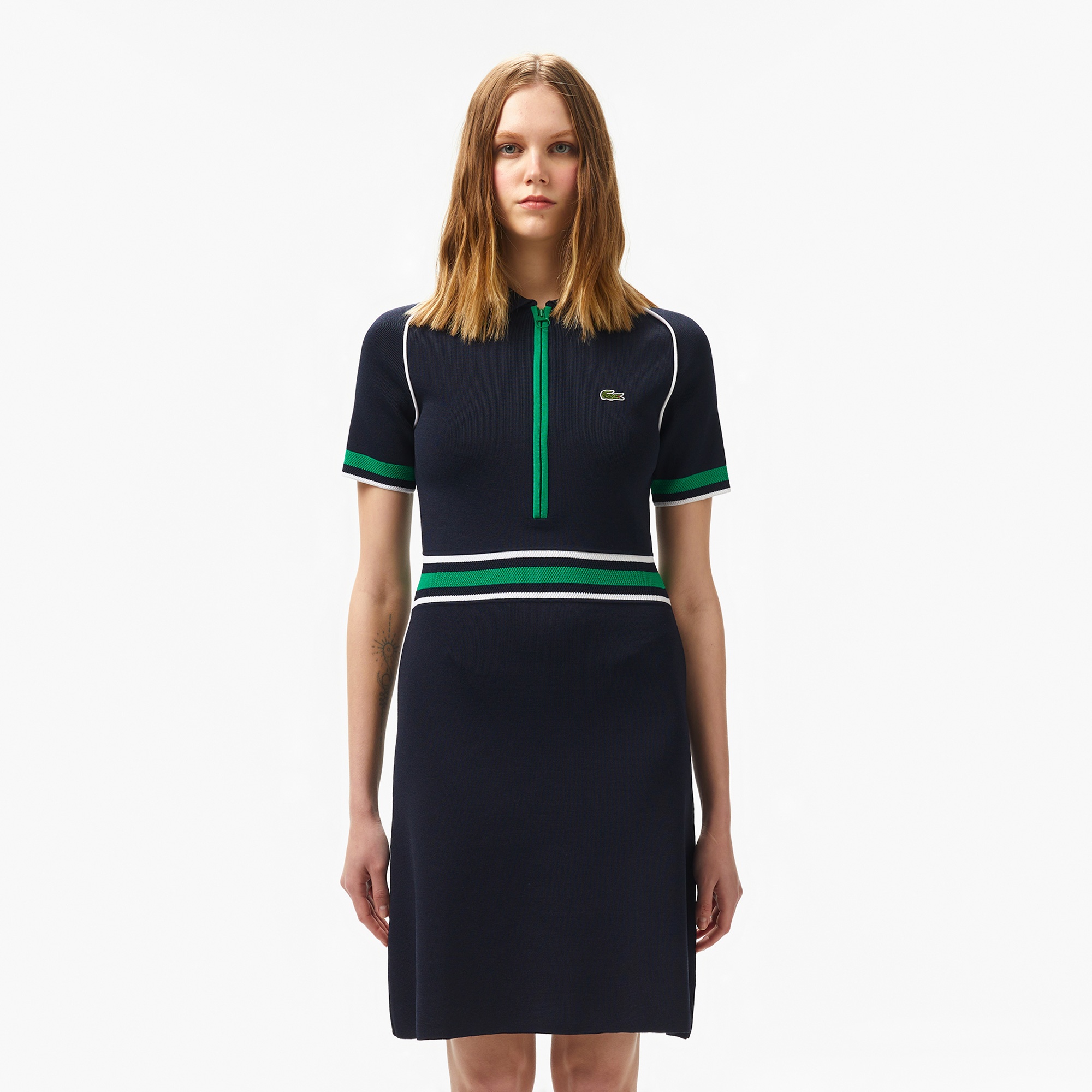 Lacoste Kadın Classic Fit Kısa Kollu Polo Yaka Renk Bloklu Lacivert Elbise