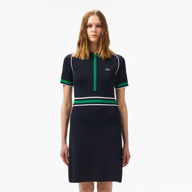  Kadın Classic Fit Kısa Kollu Polo Yaka Renk Bloklu Lacivert Elbise