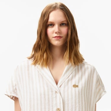  Kadın Regular Fit Kısa Kollu Çizgili Keten Bej Gömlek