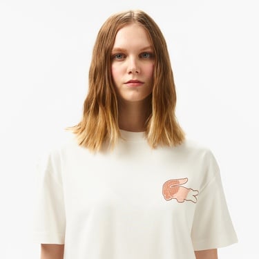  Kadın Bisiklet Yaka Baskılı Beyaz T-Shirt