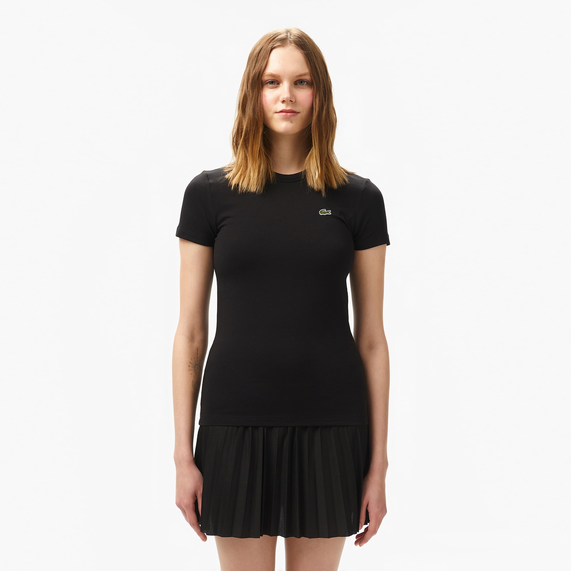 Lacoste Kadın Slim Fit Bisiklet Yaka Siyah T-Shirt