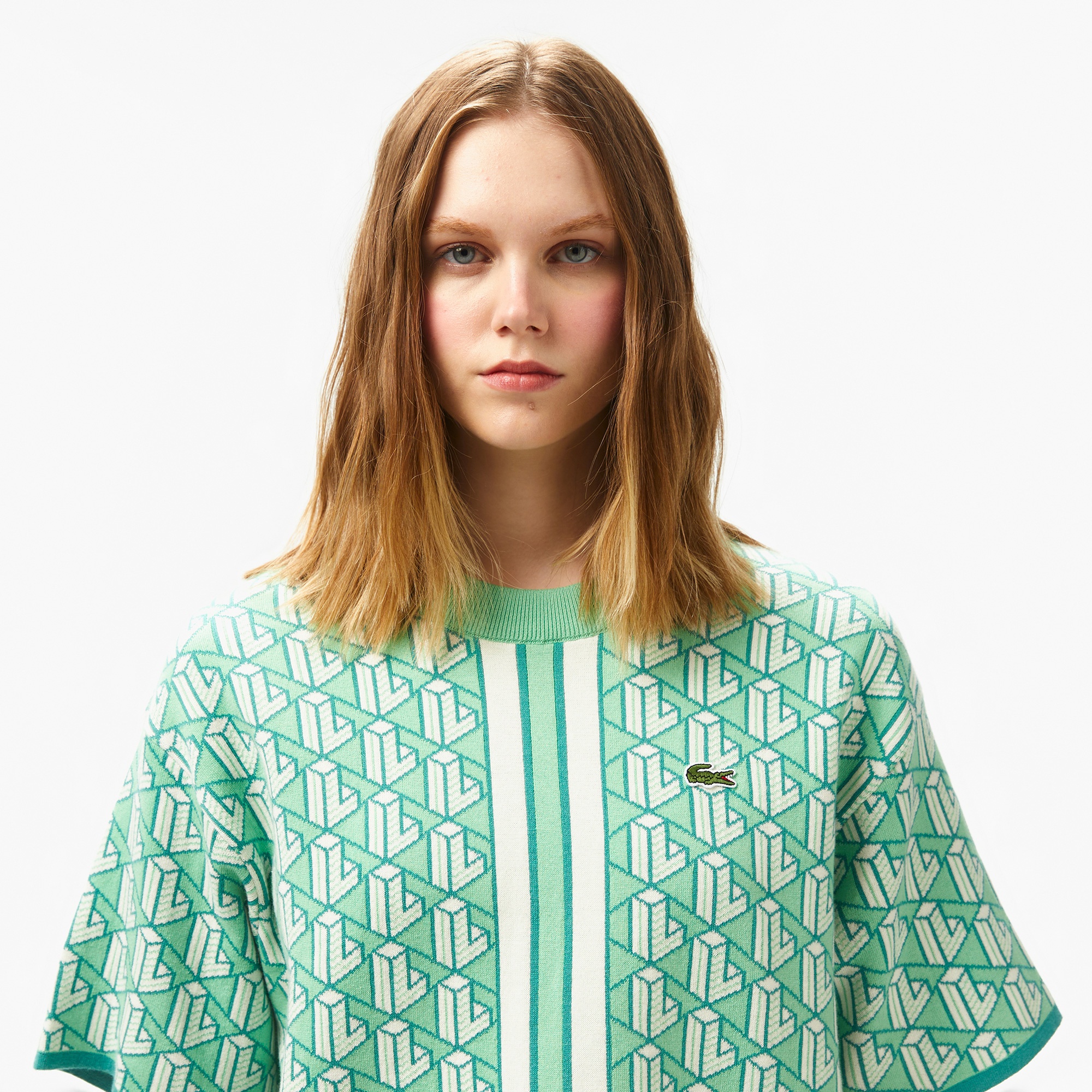 Kadın Kısa Kollu Bisiklet Yaka Desenli Açık Yeşil Triko