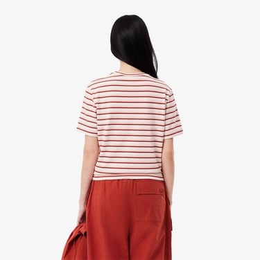  Lacoste Kadın Regular Fit Bisiklet Yaka Çizgili Bej T-Shirt