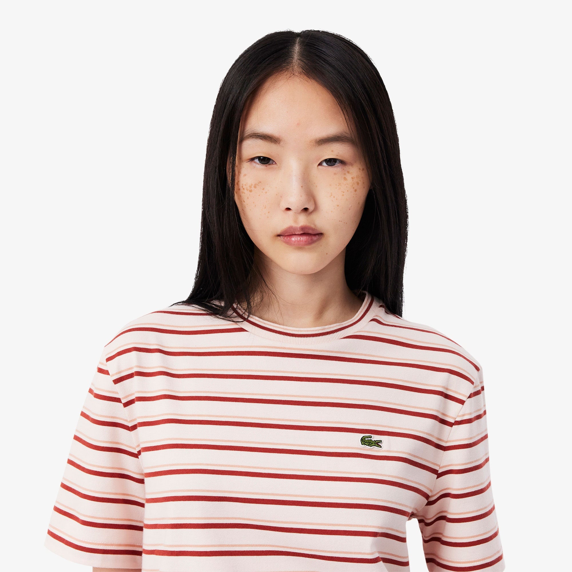 Lacoste Kadın Regular Fit Bisiklet Yaka Çizgili Bej T-Shirt