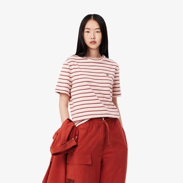  Lacoste Kadın Regular Fit Bisiklet Yaka Çizgili Bej T-Shirt