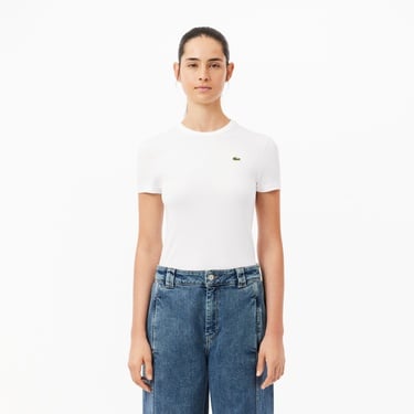  Lacoste Kadın Slim Fit Bisiklet Yaka Beyaz T-Shirt
