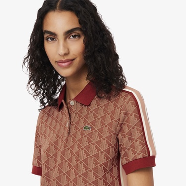  Lacoste Slim Fit Monogram Kadın Kahverengi Polo