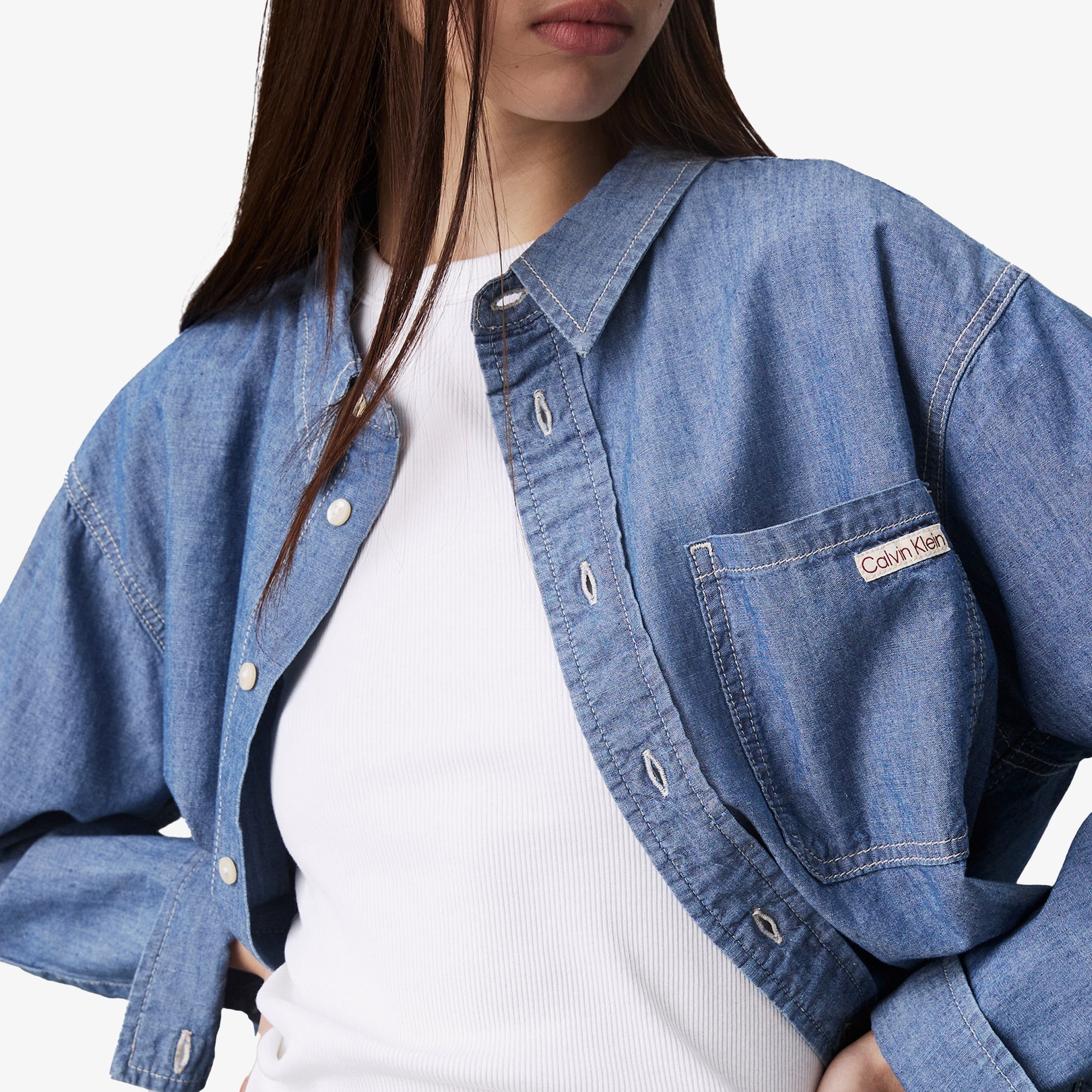 Calvin Klein Cropped Dad Denim Kadın Mavi Gömlek