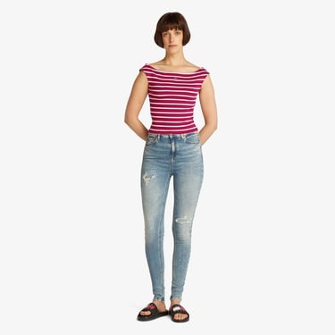  Tommy Jeans Boat Neck Kadın Kırmızı T-Shirt