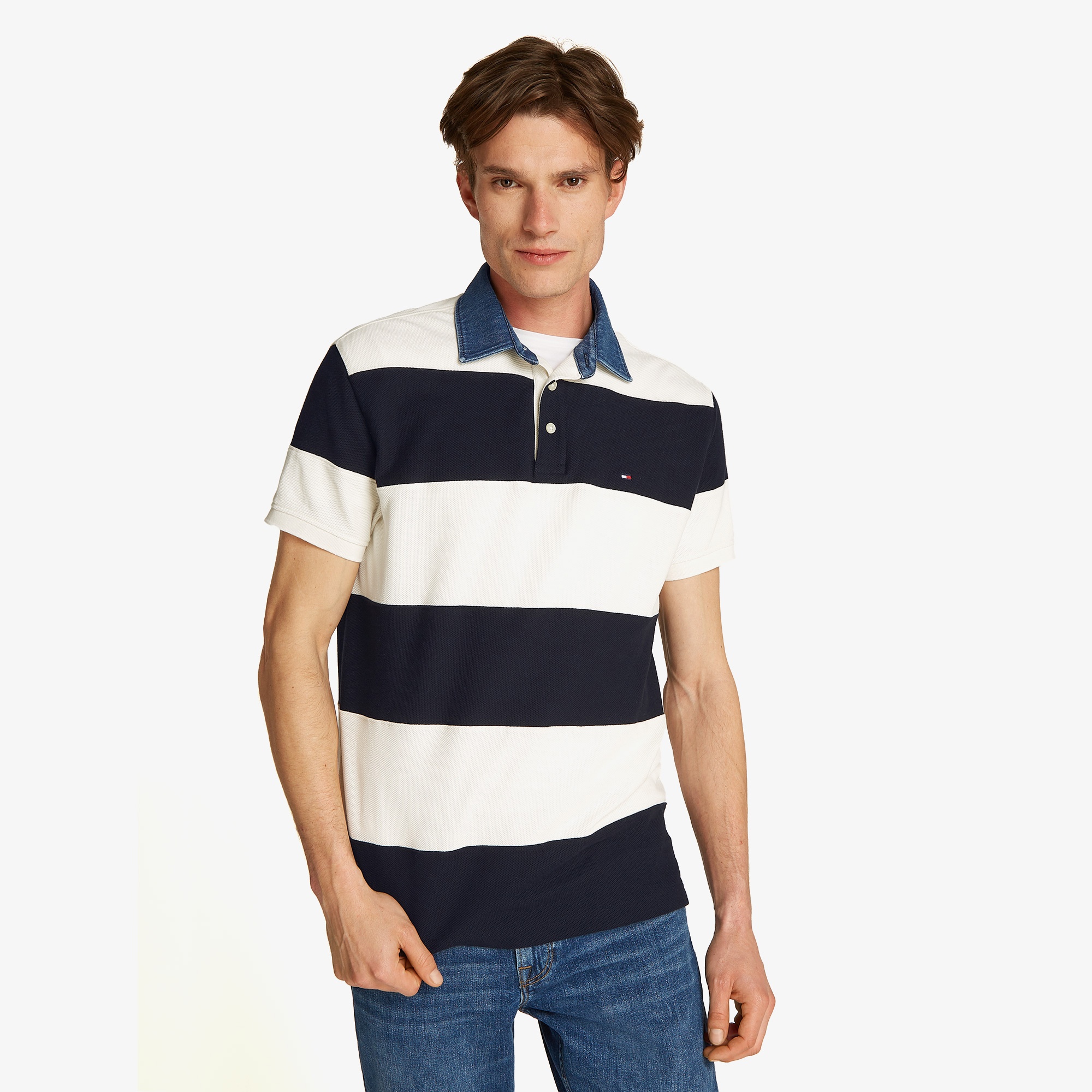Tommy Hilfiger Rugby Stripe Relaxed Erkek Beyaz Polo