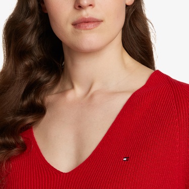  Tommy Hilfiger Co Cardi Stitch V-Nk Kadın Kırmızı Kazak
