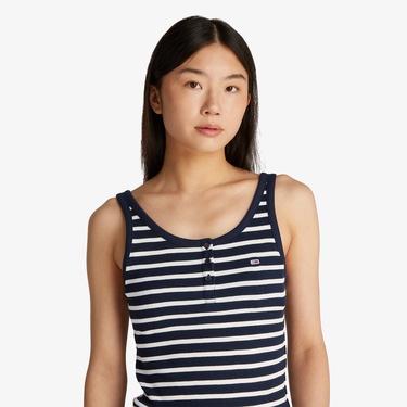  Tommy Jeans Slim Button Tank Kadın Mavi Kolsuz T-Shirt