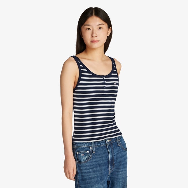  Tommy Jeans Slim Button Tank Kadın Mavi Kolsuz T-Shirt