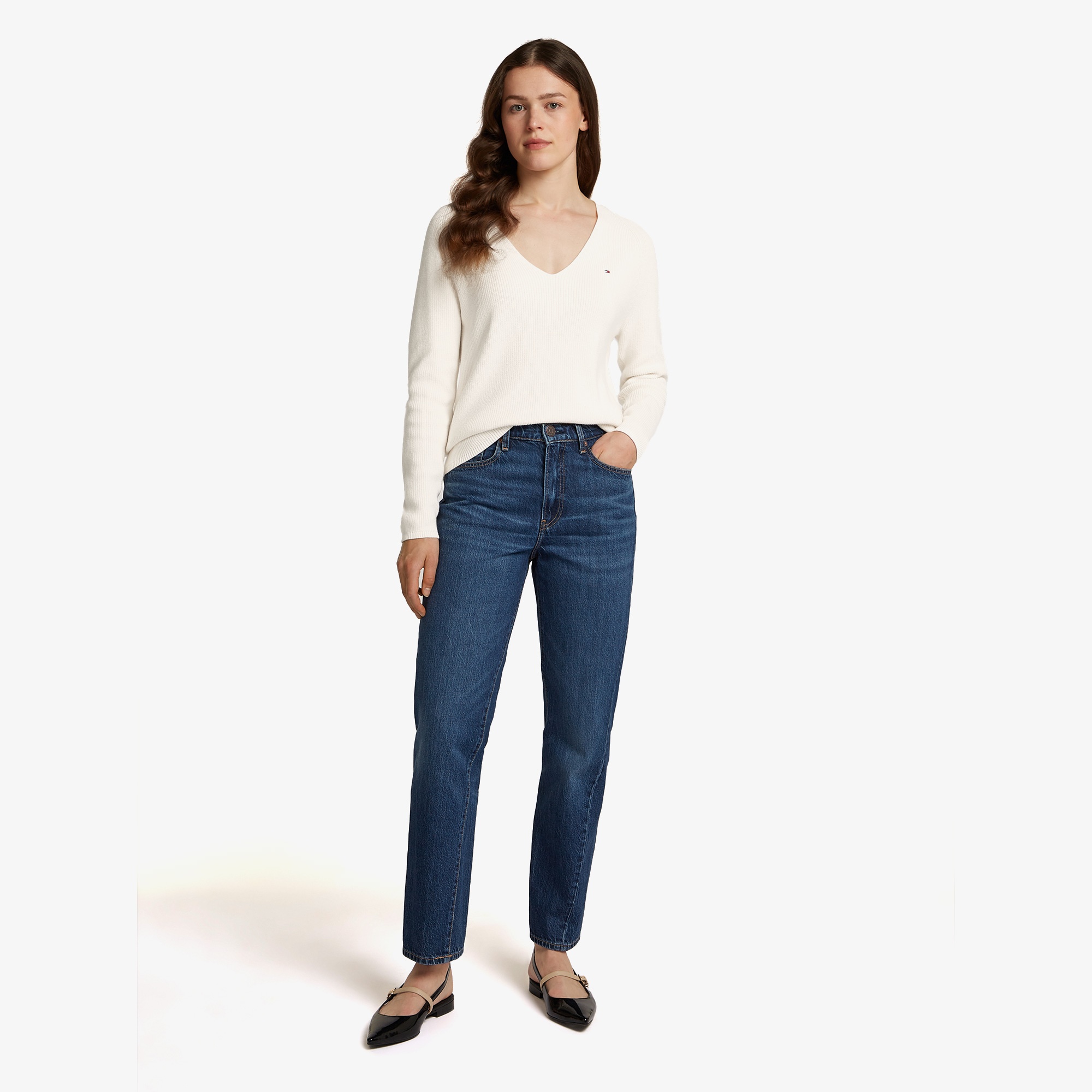 Tommy Hilfiger Co Cardi Stitch V-Nk Kadın Beyaz Kazak