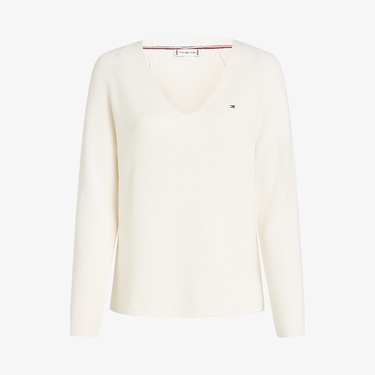  Tommy Hilfiger Co Cardi Stitch V-Nk Kadın Beyaz Kazak