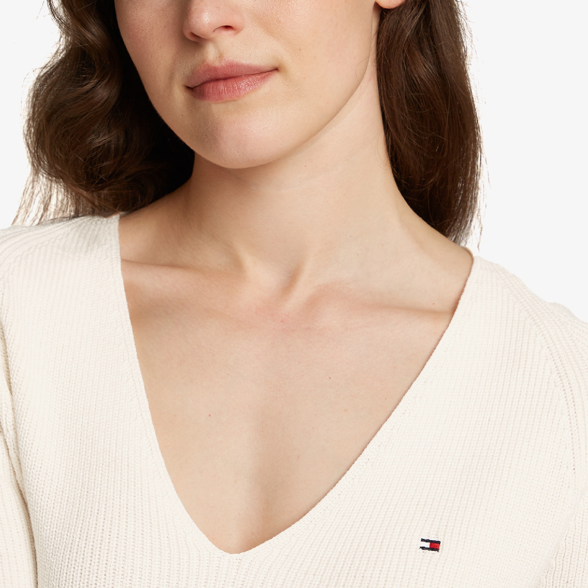 Tommy Hilfiger Co Cardi Stitch V-Nk Kadın Beyaz Kazak