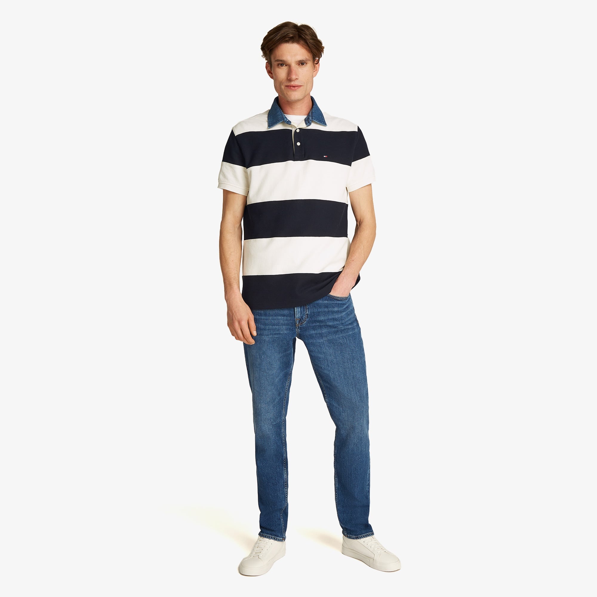Tommy Hilfiger Rugby Stripe Relaxed Erkek Beyaz Polo