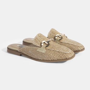  Kadın Bej Metal Aksesuarlı Hasır Terlik