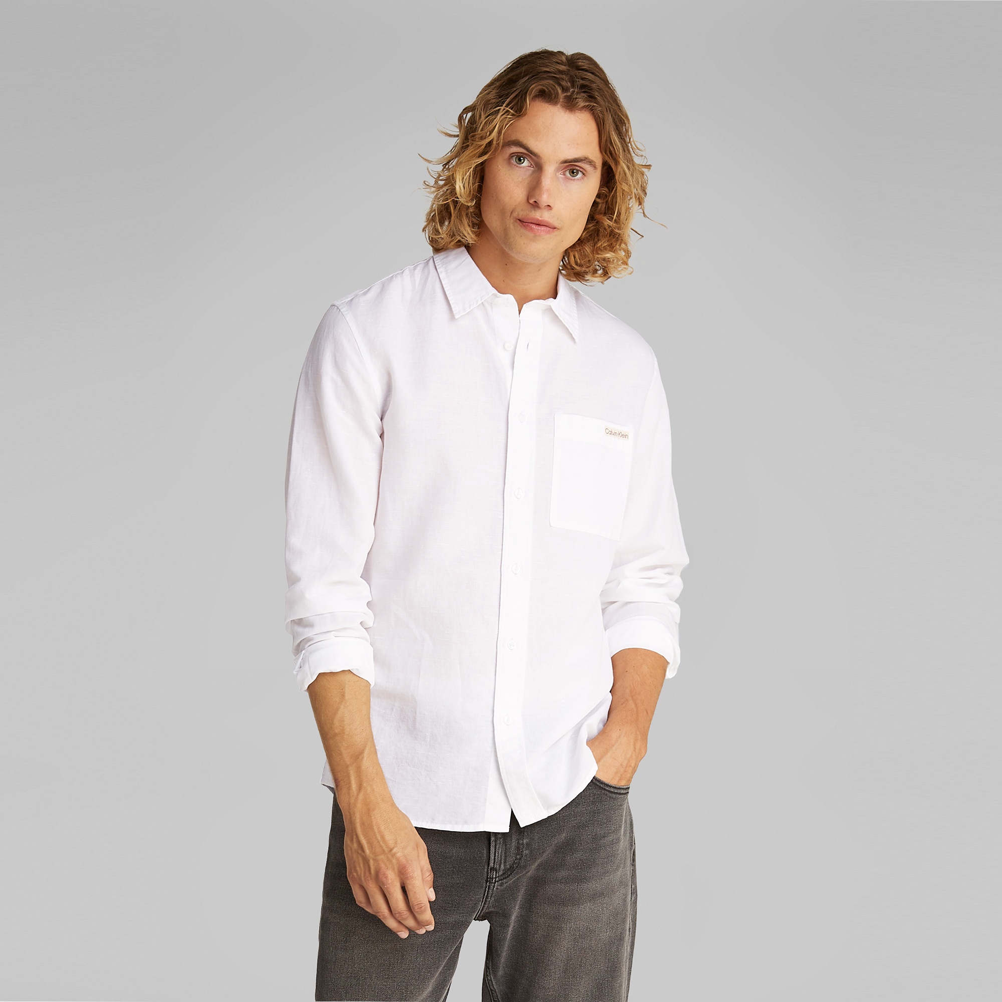 Calvin Klein Linen Cotton Erkek Beyaz Gömlek