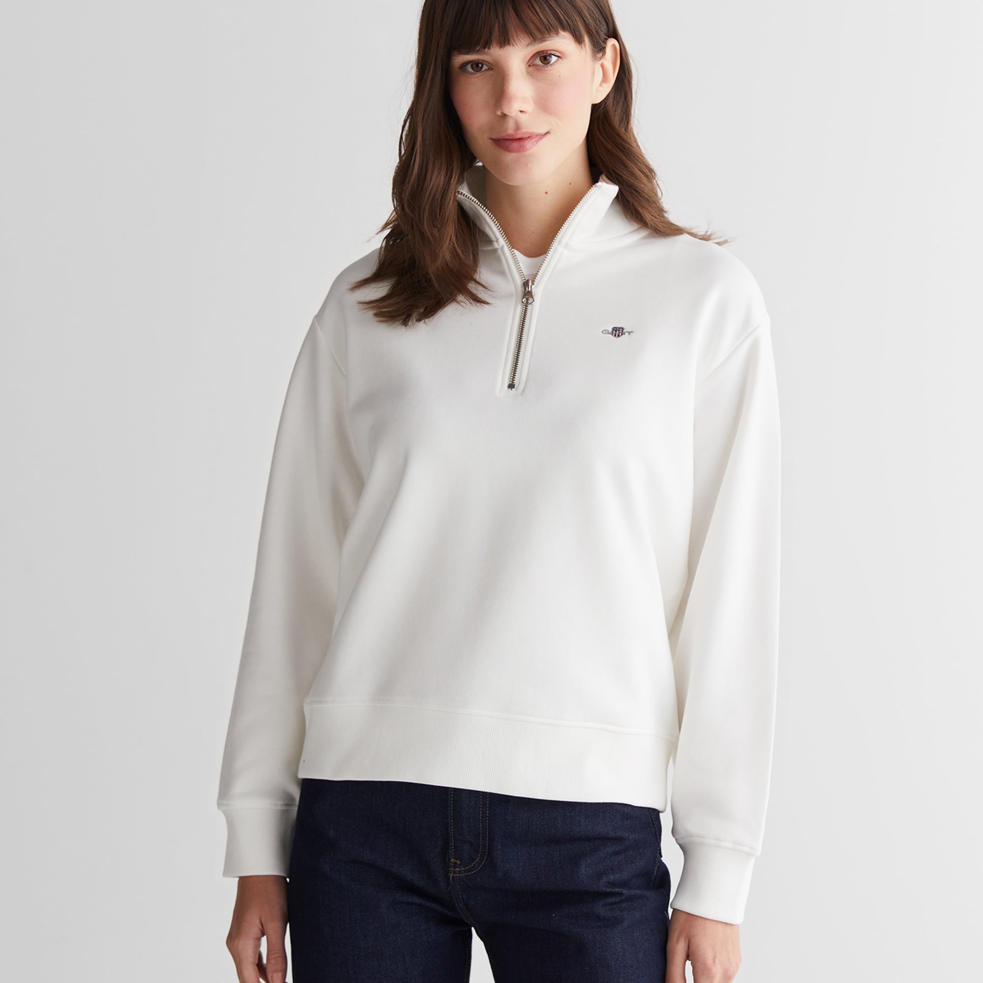 GANT Kadın Beyaz Relaxed Fit Yarım Fermuarlı Sweatshirt