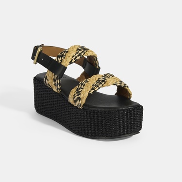  Kadın Siyah Ayarlanabilir Tokalı Hasır Detaylı Sandalet