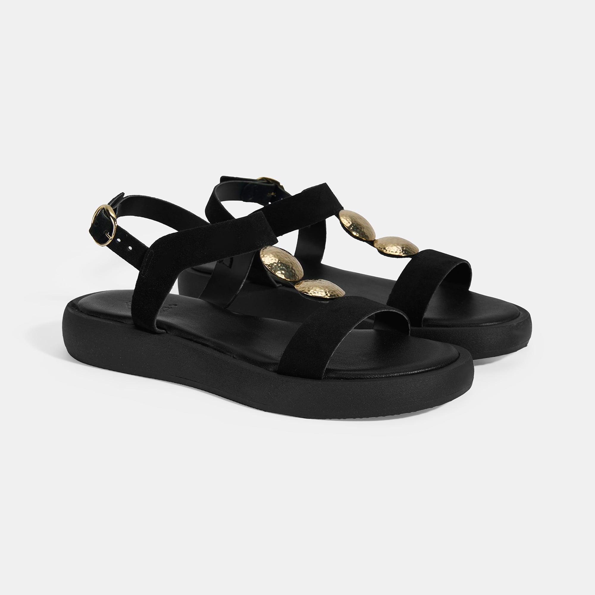 Kadın Siyah Süet Gold Aksesuarlı Sandalet