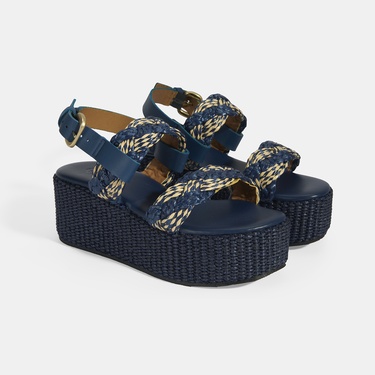  Kadın Lacivert Ayarlanabilir Tokalı Hasır Detaylı Sandalet