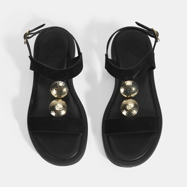  Kadın Siyah Süet Gold Aksesuarlı Sandalet