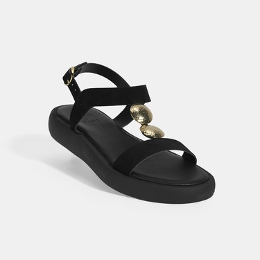  Kadın Siyah Süet Gold Aksesuarlı Sandalet