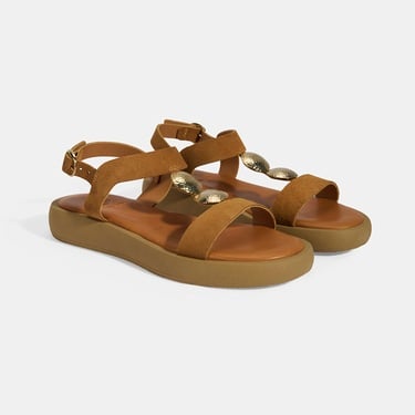  Kadın Taba Süet Gold Aksesuarlı Sandalet