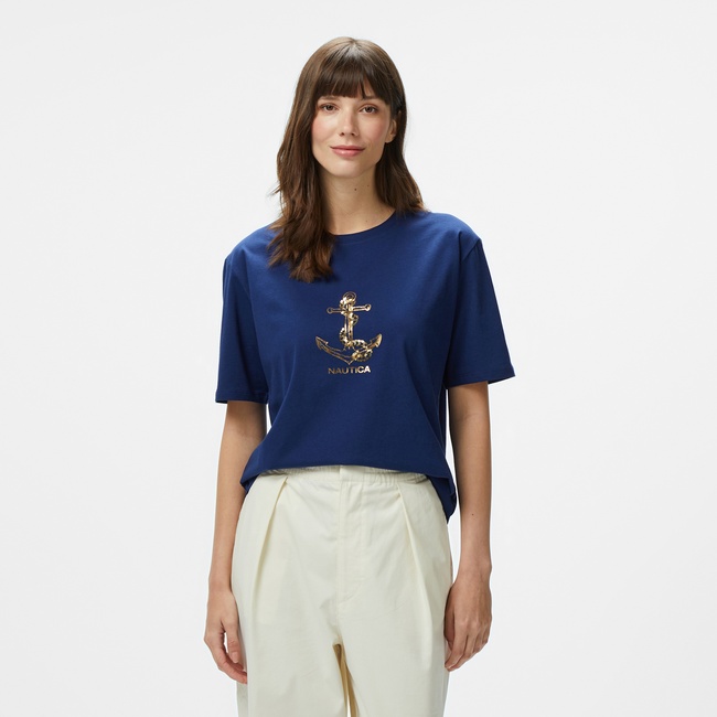  Nautica Kadın Lacivert Regular Fit Nakışlı T-Shirt