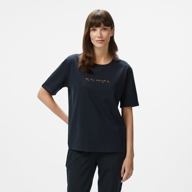  Nautica Kadın Siyah Regular Fit Baskılı T-Shirt