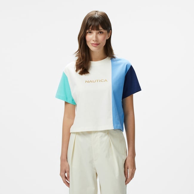  Nautica Kadın Mavi Regular Fit Renk Bloklu T-Shirt