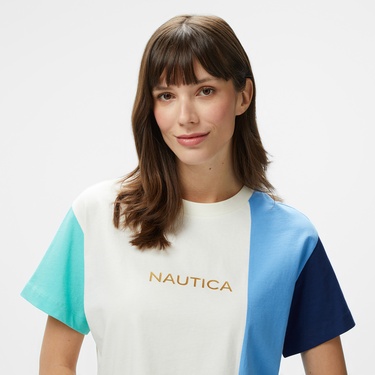  Nautica Kadın Mavi Regular Fit Renk Bloklu T-Shirt