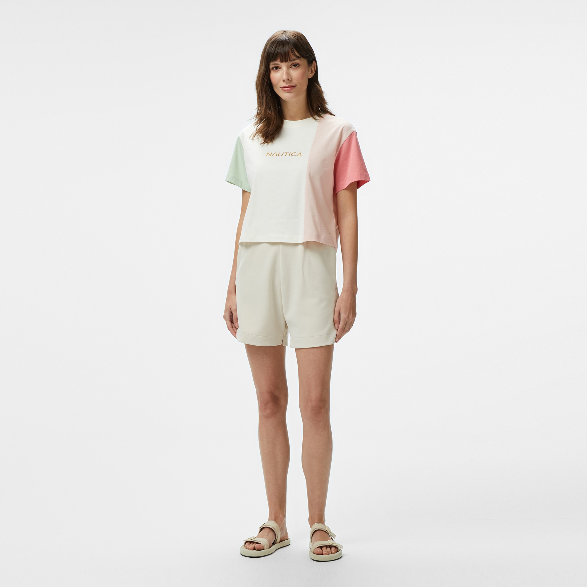 Nautica Kadın Pembe Regular Fit Renk Bloklu T-Shirt