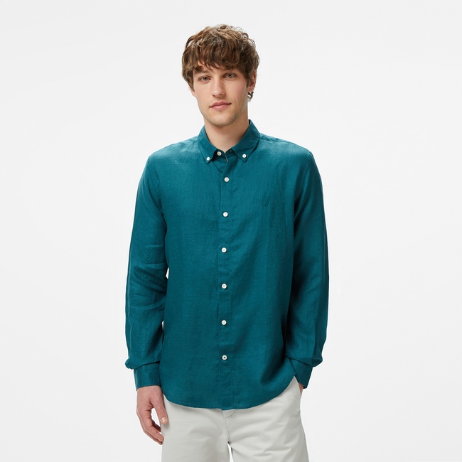  Nautica Erkek Yeşil Classic Fit Keten Gömlek