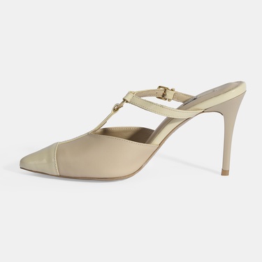  Kadın Bej Halka Aksesuarlı Deri Abiye Topuklu Terlik