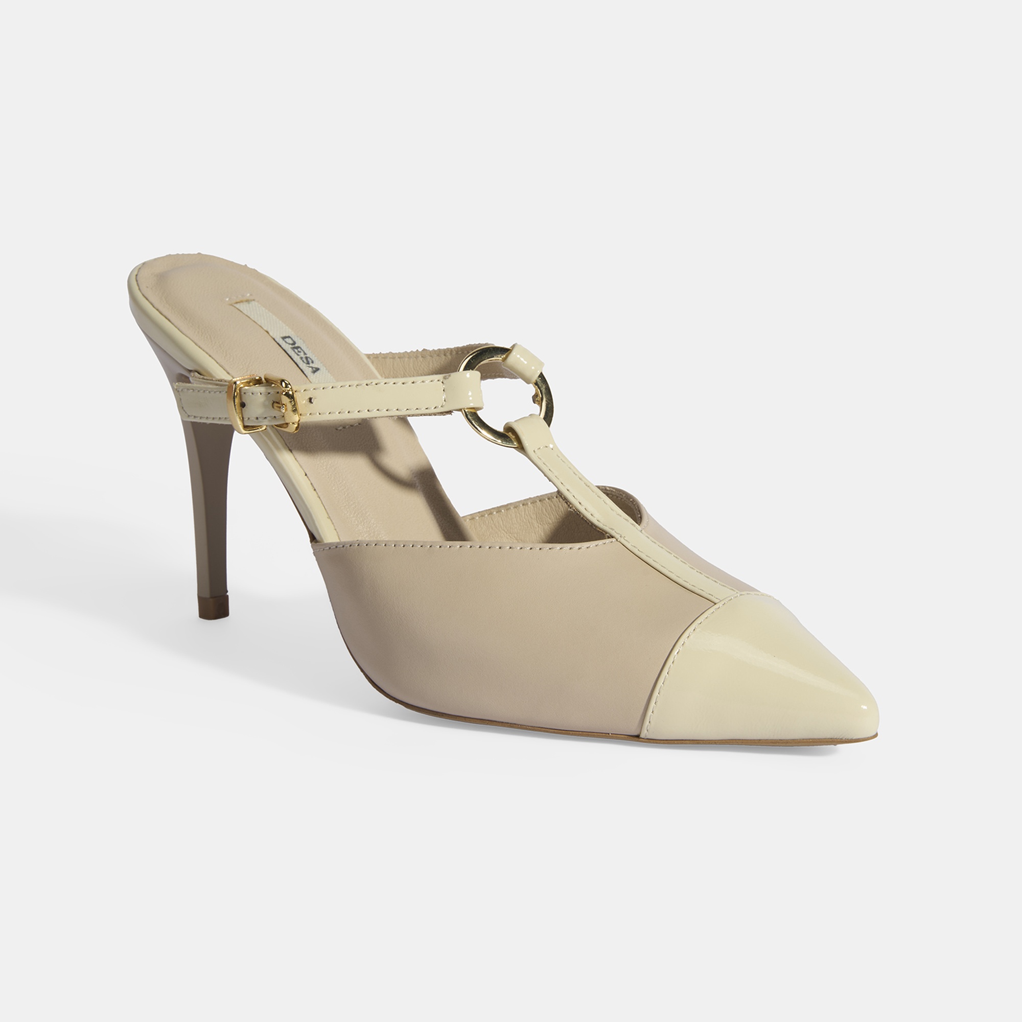 Kadın Bej Halka Aksesuarlı Deri Abiye Topuklu Terlik